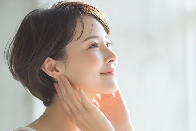 笑顔で横顔を見せる女性